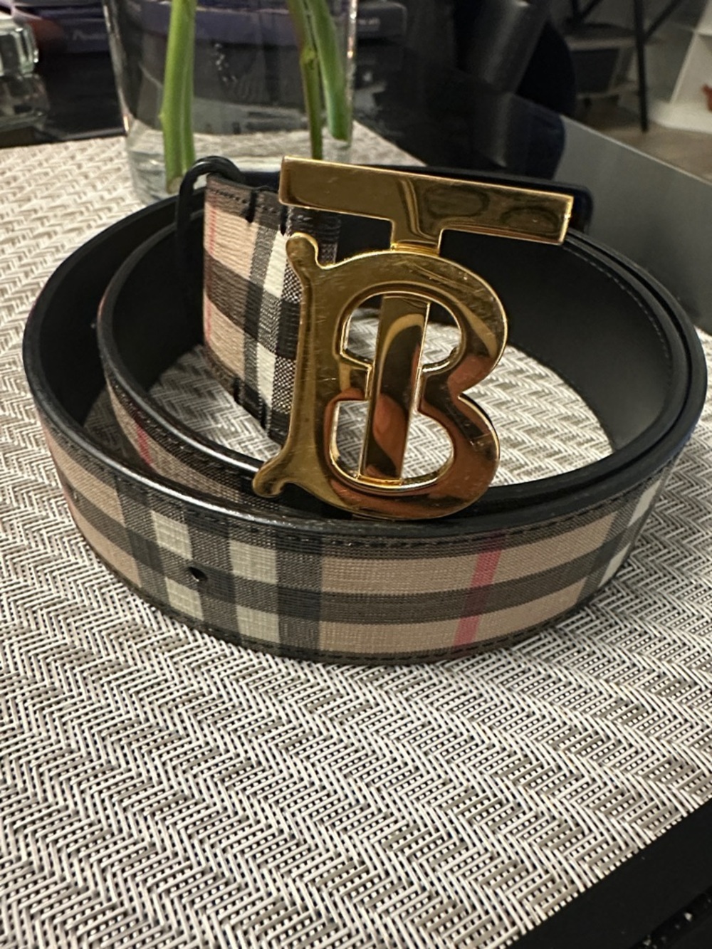 Burberry Plaid Canvas and Black Leather Belt with Gold TB Buckle